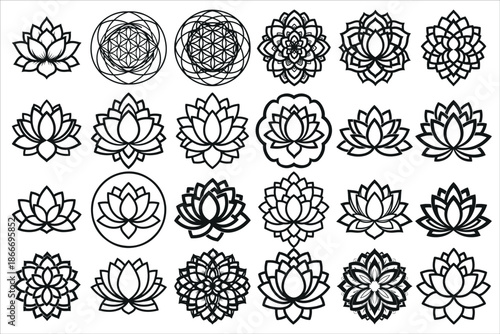 Peaceful zen lotus flower coloring page featuring clean black line art and balanced symmetry