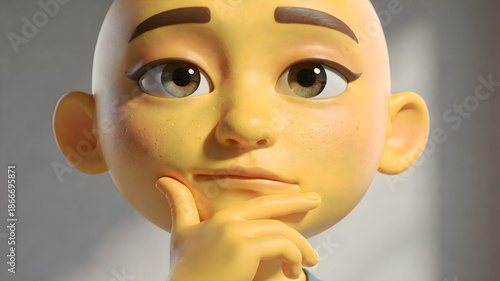 Close up, expressive portrait of a funny cartoon character or figure, showing deep contemplation with a recognizable hand on the chin gesture