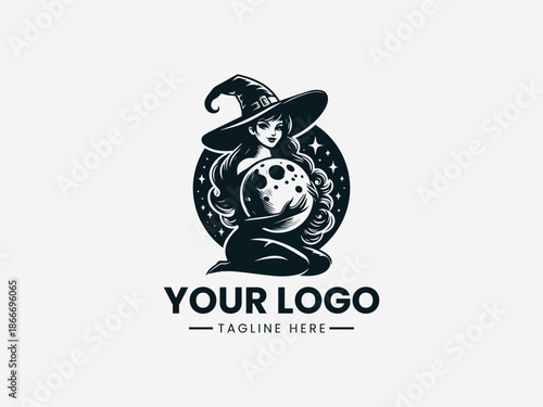 naughty witch holding moon black vector logo