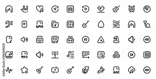 Music icon set. Vector music symbols collection. Features headphones, guitar, piano, vinyl, speaker, playlist, mp3 and more. Editable stroke line.