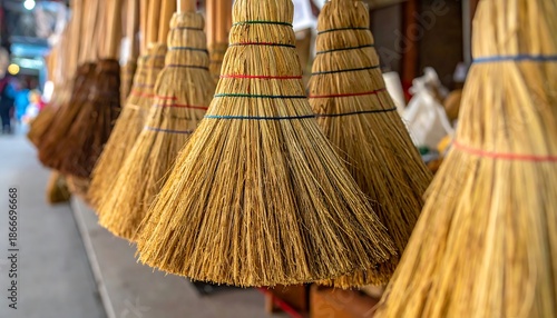 Close-up of Brooms Displayed for Sale at a Market.