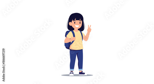 Happy little Asian schoolgirl with a backpack stands and flashes a peace sign in this cute and simple character illustration.