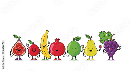 Group of seven cute and happy cartoon fruit characters including a fig cherry banana pomegranate lime pear and grape stand together.