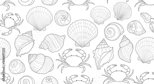 Seamless black and white pattern of various hand-drawn seashells and crabs in a detailed line art style for a nautical theme.