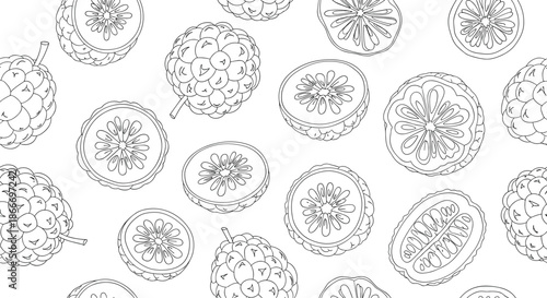 Seamless black and white pattern of hand-drawn sugar-apples or cherimoya fruit both whole and sliced in a detailed sketch style.
