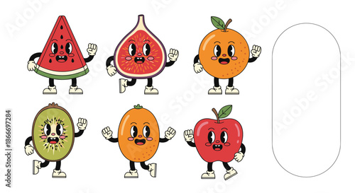 Set of six running retro cartoon fruit characters including watermelon fig orange kiwi kumquat and apple in a vintage style.