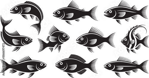 Collection of Black and White Fish Silhouettes