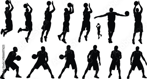 Basketball player silhouettes, action poses, dribbling, shooting, jumping, sports movement, training illustration, black vector, athletic design, child mimic