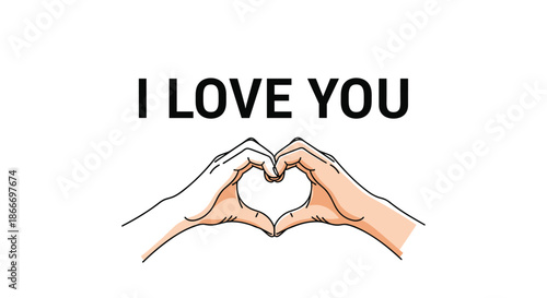 Two diverse hands with different skin tones join to form a heart shape under the text I LOVE YOU in a beautiful romantic gesture.