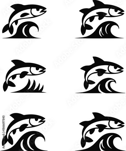 Six Black and White Fish Jumping Over Waves Icons