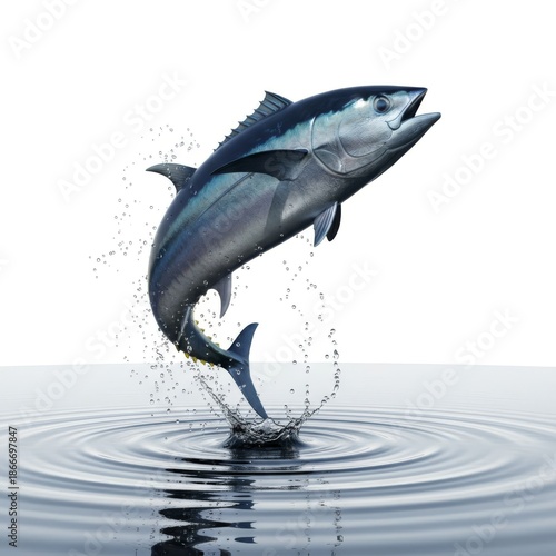 Jumping Tuna Fish, Atlantic Bluefin, Leaping Out of Water with Splash and Ripples, Isolated