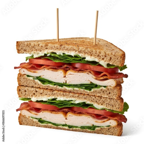 Delicious Club Sandwich with Bacon, Chicken, Tomato and Lettuce on White Background
