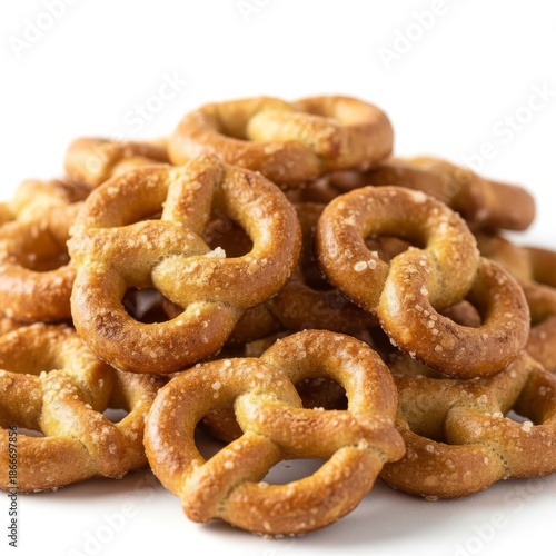 Pile of Golden Baked Pretzels with Salt Crystals, Isolated on White Background, Snack Food