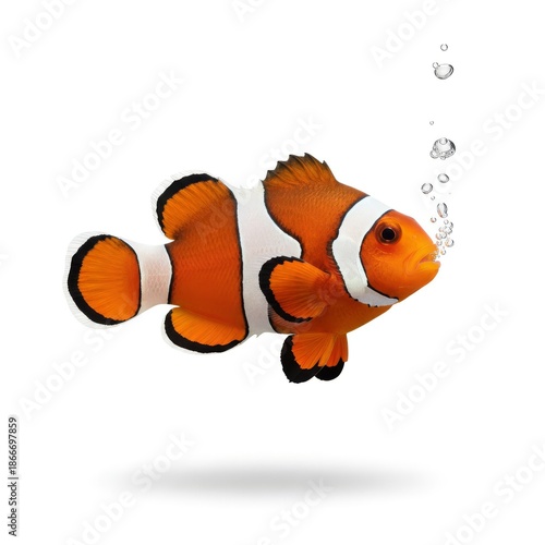 Clownfish swimming underwater with bubbles on white background