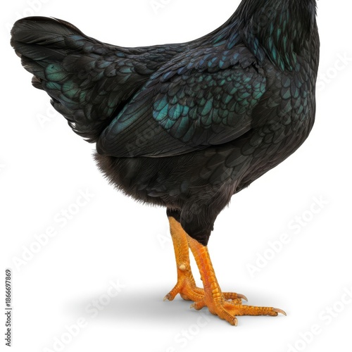Close-up of iridescent black rooster with vibrant green feathers