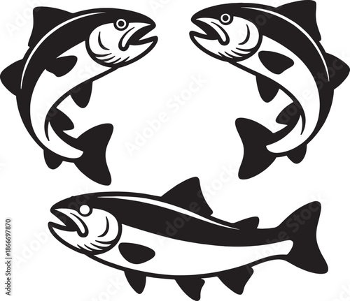Three Stylized Salmon Fish Illustrations