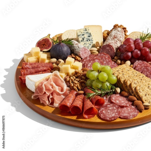 Gourmet charcuterie board with assorted meats, cheeses, and fresh fruits