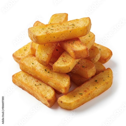 Golden crispy potato wedges pile close-up on white background