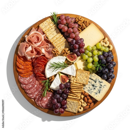 Gourmet charcuterie board with cheese, meat, and fresh fruits