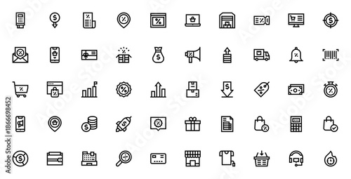 Sales icon set. Business vector icons pack. Includes symbols for online shopping, discount, delivery, money, target, customer service, coupon, advertisement and more. Editable stroke.