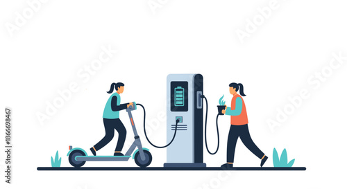Two women use an electric scooter charging station in a concept illustration about green energy and sustainable urban transportation.