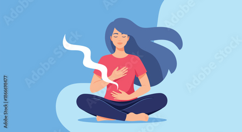 Calm woman with long blue hair meditates in a lotus position while practicing deep breathing exercises for mindfulness and peace.