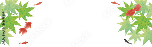 Goldfish and Green Maple Leaves Japanese Style Banner. Watercolor Summer Background with Copy Space