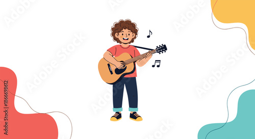 Happy young boy with curly hair is standing and playing an acoustic guitar while smiling with music notes floating around him.