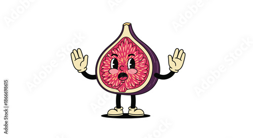 Surprised retro cartoon fig character with a shocked expression and hands up in a classic vintage animation rubber hose style.