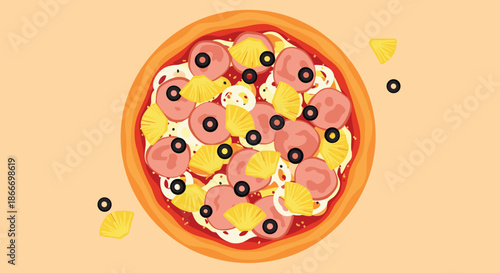 Hawaiian pizza with generous toppings of ham pineapple and black olives is shown from a top-down view on an orange background.