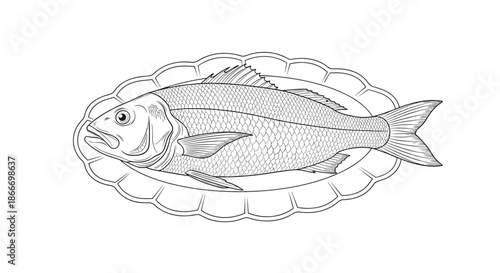Detailed black and white line art illustration of a whole cooked fish served on an elegant oval platter for a restaurant menu.