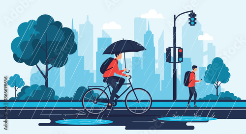 Man rides a bicycle with an umbrella in the pouring rain through a city with a modern skyline and another person walking.