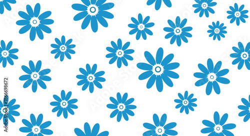 Simple seamless pattern with scattered blue daisy flowers of different sizes on a clean and bright white background for textiles.