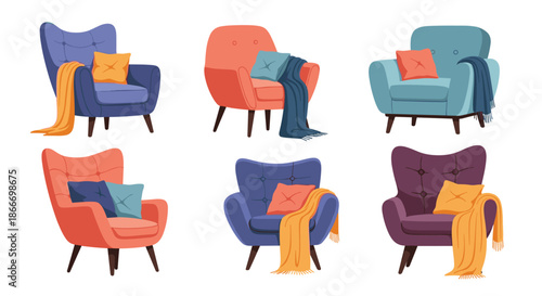 Set of six cozy and stylish armchairs in various colors with comfortable pillows and warm blankets for interior design concepts.