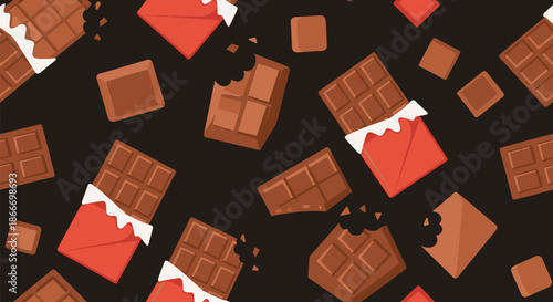 Seamless pattern of delicious milk chocolate bars and squares scattered on a dark brown background perfect for a candy wrapper.