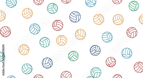 Seamless pattern of colorful volleyballs with a textured grunge effect scattered randomly across a plain white background.