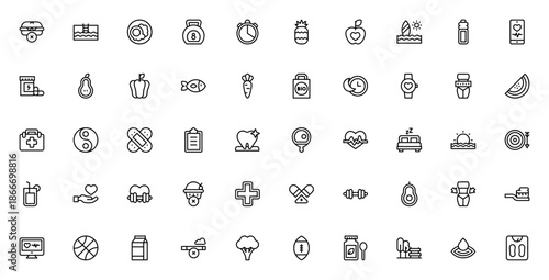 Healthy Lifestyle icon set. Fitness and wellness vector icons pack. Includes symbols for exercise, nutrition, medical, no smoking, no sugar, heart health and more. Editable stroke.