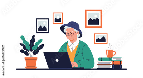 Stylish elderly woman with a hat and glasses is working or browsing on a laptop at her cozy desk with books and a plant.