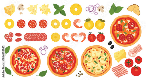 Large collection of assorted pizza ingredients and toppings with several finished pizzas for a create-your-own pizza concept.