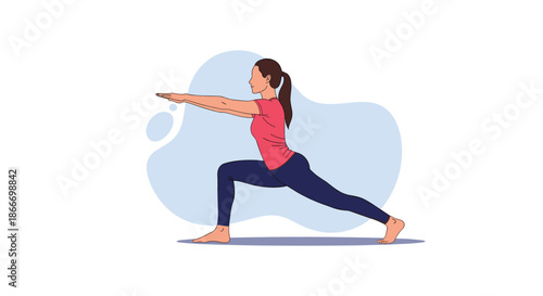Woman in a pink shirt and blue leggings performs the warrior yoga pose demonstrating balance strength and mindfulness in practice.