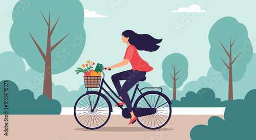 Young woman with flowing hair enjoys a relaxing bike ride through a lush green park with a basket of fresh groceries.