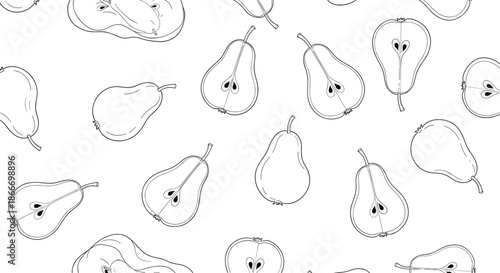 Seamless black and white pattern with hand-drawn whole and sliced pears in a charming minimalist line art style for backgrounds.