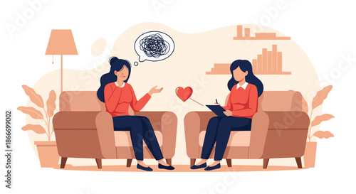 Female therapist provides compassionate counseling to a woman with a tangled thought bubble representing her mental health struggles.