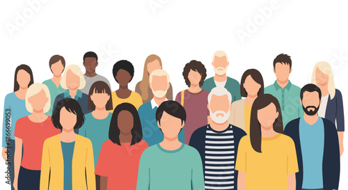 Large diverse crowd of people of different ages and ethnicities stands together representing a global community or society.