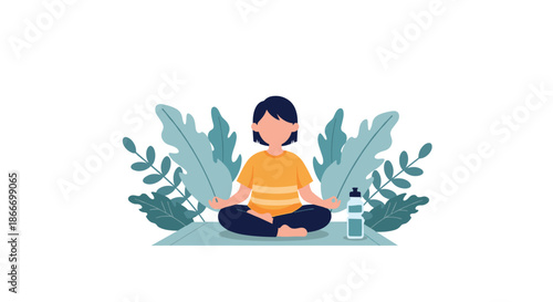 Young person with short dark hair meditates in the lotus position on a yoga mat with a water bottle nearby for hydration.
