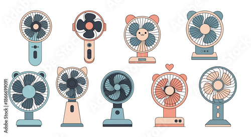 Collection of various cute and modern electric fans including desktop and handheld models in a simple flat line art style.