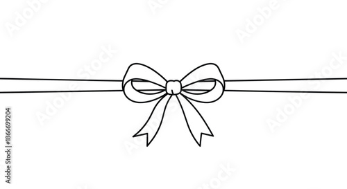 Simple black and white line art illustration of a decorative bow tied neatly in the center of a thin horizontal ribbon.