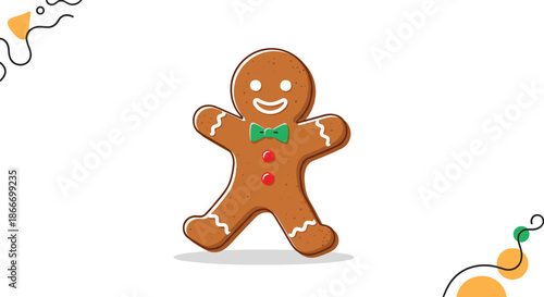 Festive gingerbread man cookie character with a happy smile and green bow tie isolated on a clean white background for holiday baking concepts.