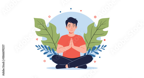 Young man practicing mindfulness meditation in a peaceful lotus pose surrounded by lush green leaves for mental health and wellness concepts.