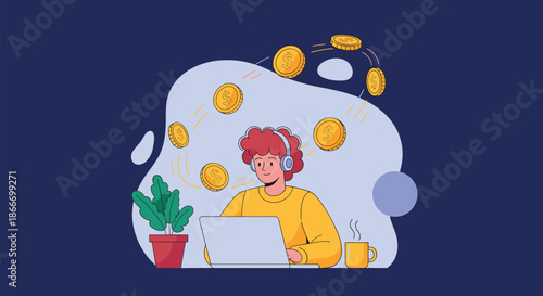 Freelancer with headphones earning money online with gold coins flying around a laptop illustrating passive income and digital finance success.